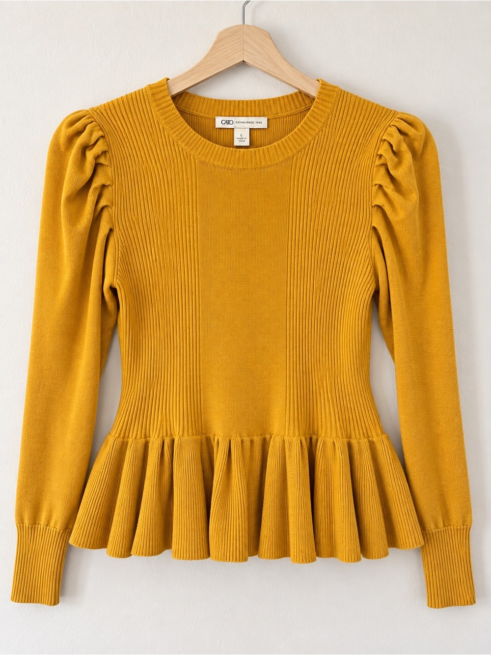 Cato Mustard Peplum Puff-Sleeve Knit Top - Picture 2 of 3
